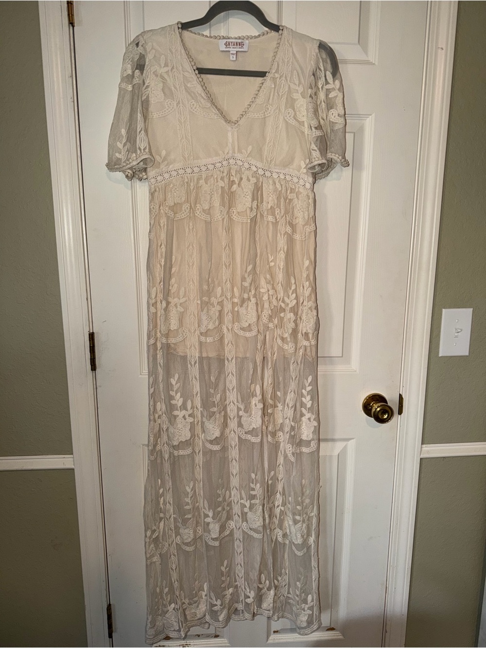 Shyanne Boho Maxi Cream Dress with‎ Embroidered Lace Accents -